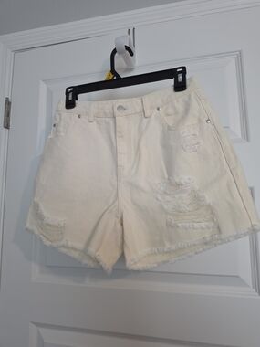 Hem & Thread Cream Distressed High-Rise Denim Shorts